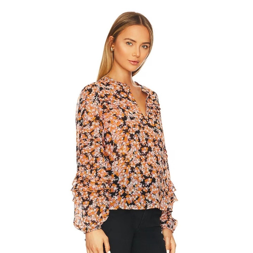 Sanctuary Pintuck Long Sleeve Pullover V Neck‎ Floral Blouse Womens XXS Harvest
